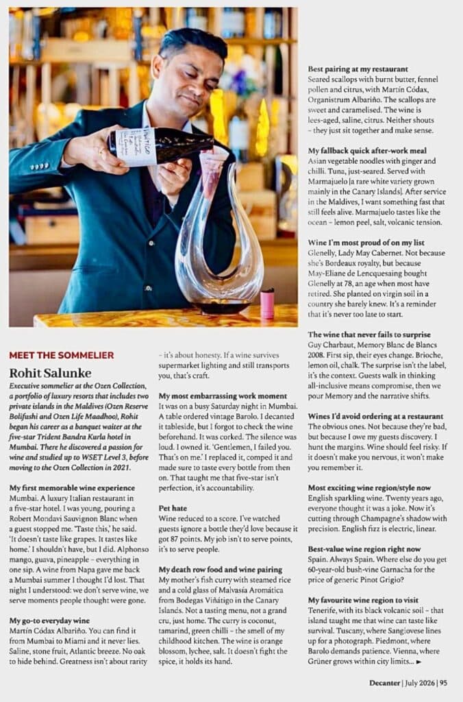 As seen in Decanter with Sommelier Rohit Salunke of Ozen Maldives